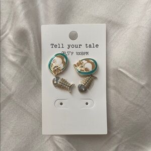 Gold and Teal Cat Earrings